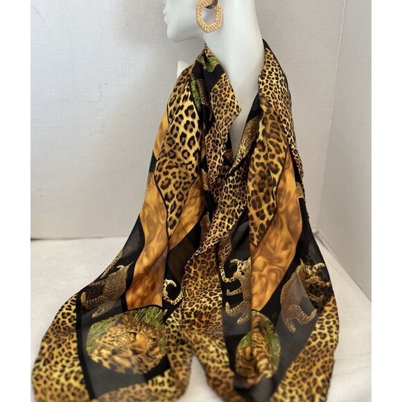 Leopard Silk Scarf Animal Print Square Safari 33" x 33" Bordered Hand Rolled Hem - Picture 6 of 12